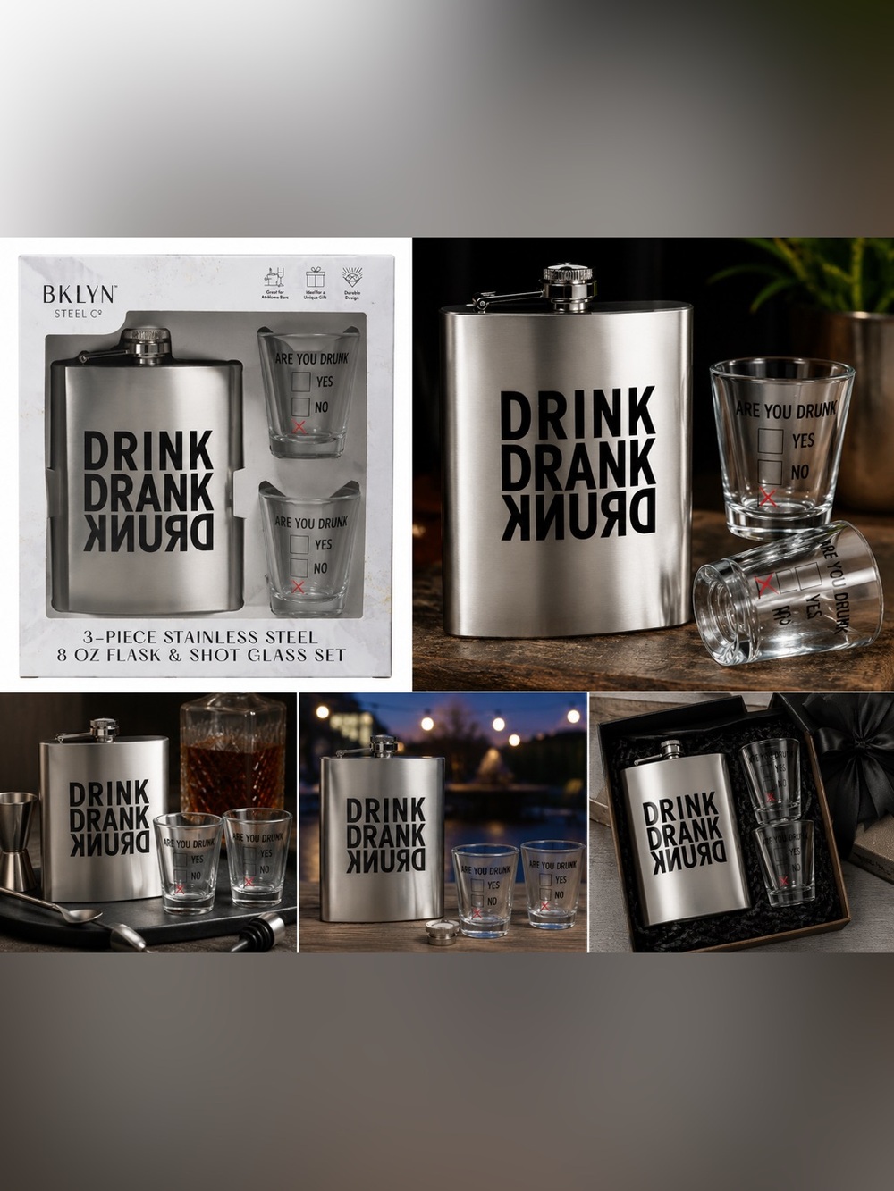 BKLYN Steel Co. Stainless Steel Hip Flask & Shot Glass Set - Silver